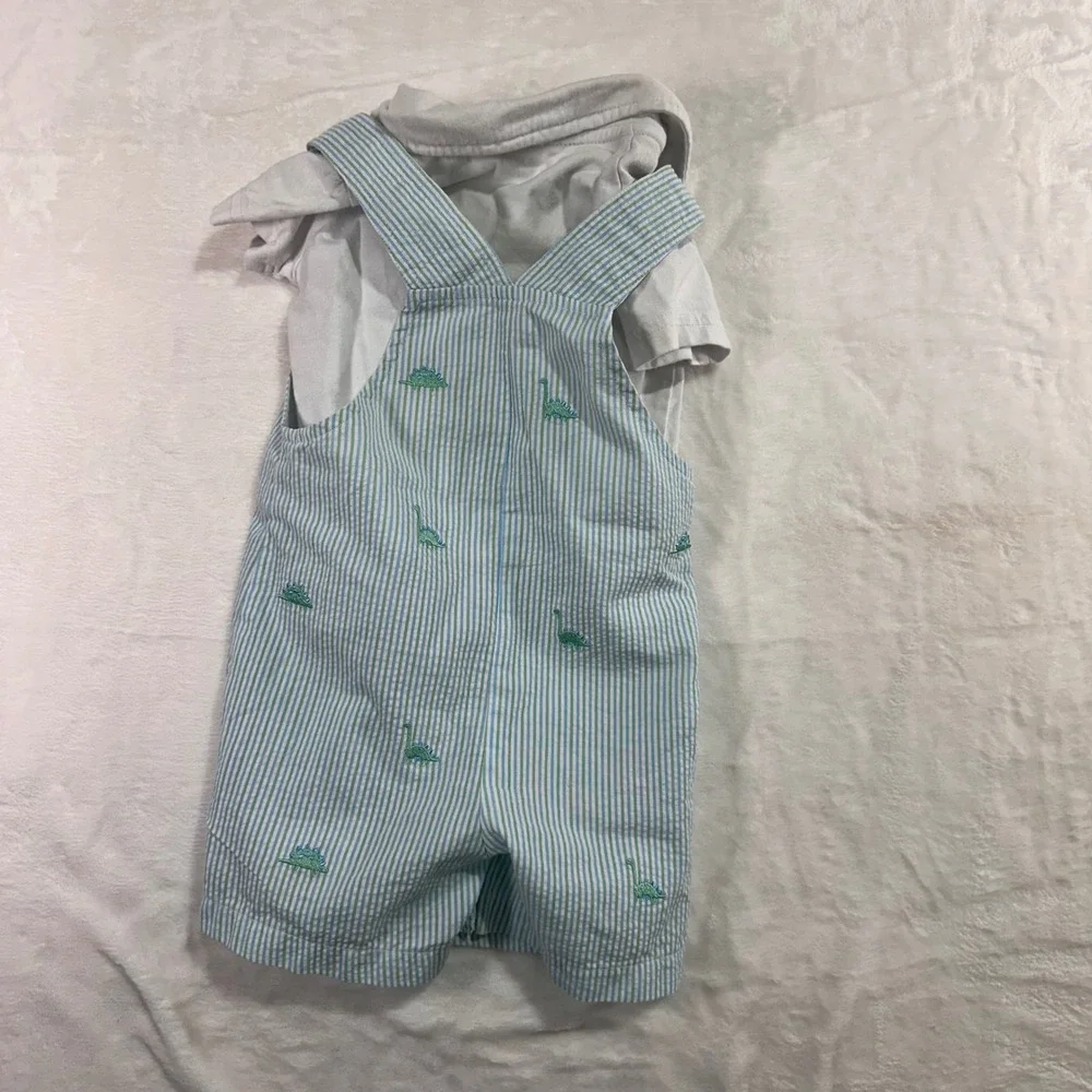 Starting Out Dinosaur Seersucker Shortall Set 18M Blue White Striped Baby Boy